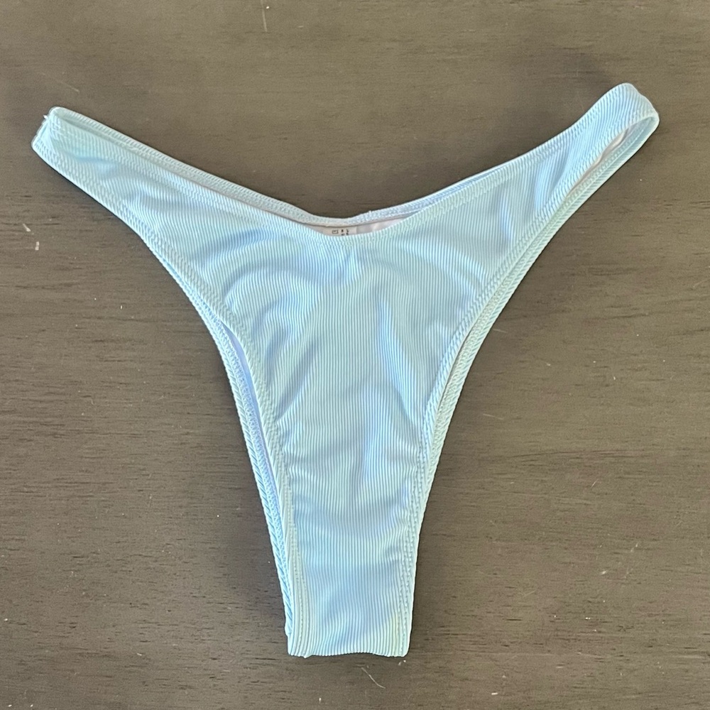 NEW SHEIN Light Blue Pastel Ribbed High Cut Stretch Comfy Thong Bikini Bottoms L
